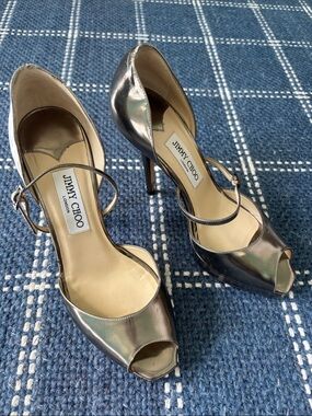 Jimmy Choo Metallic Silver Peep-Toe Mary Jane Stiletto Heels sz 38.5